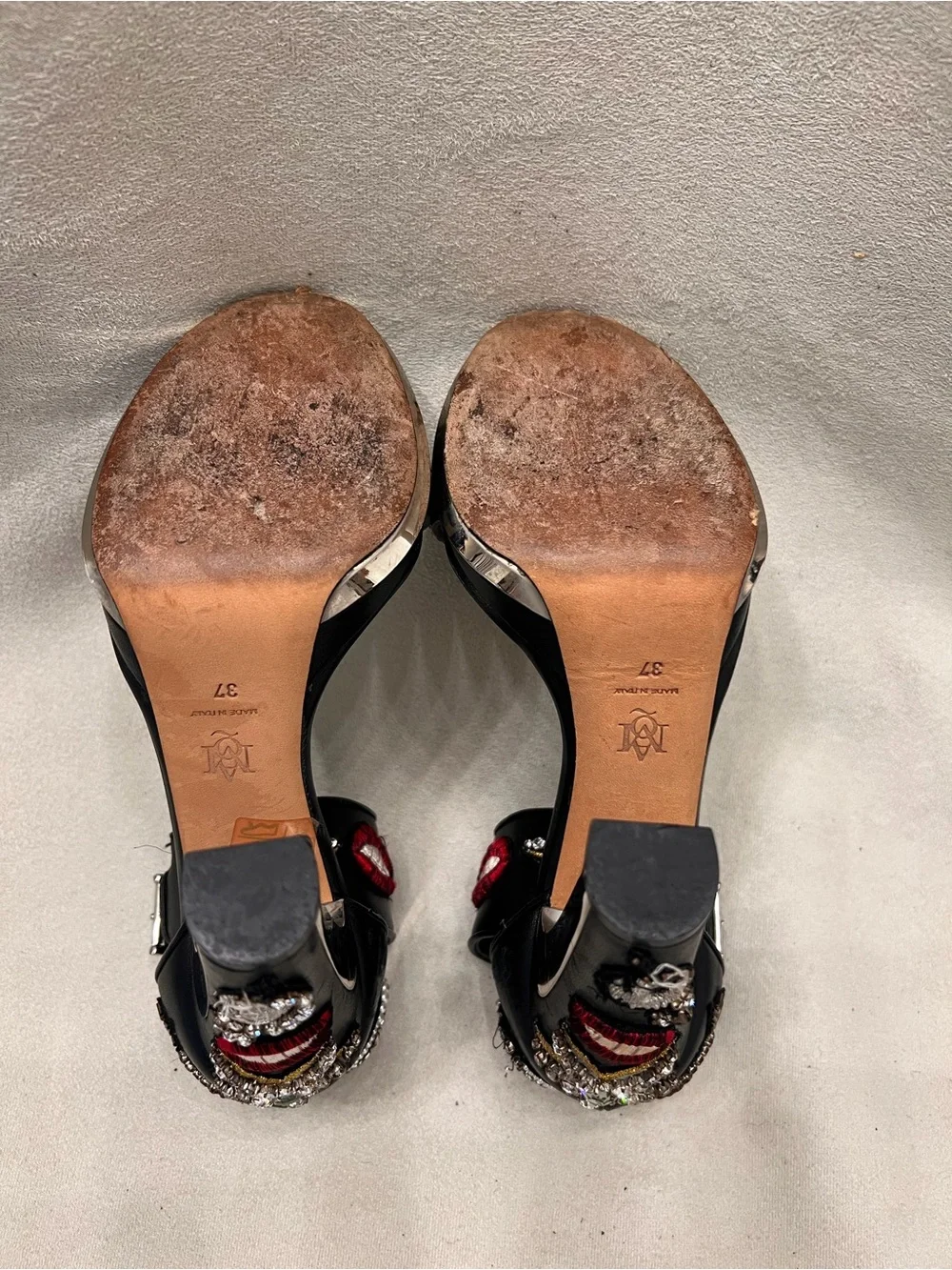 Alexander McQueen Leather Black Embellished Crystal & Embroidered Heel Sandals